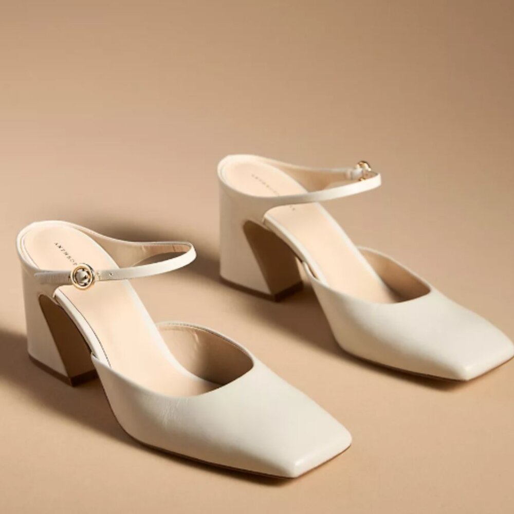 By Anthropologie Square-Toe Mule Heels in cream, size 8